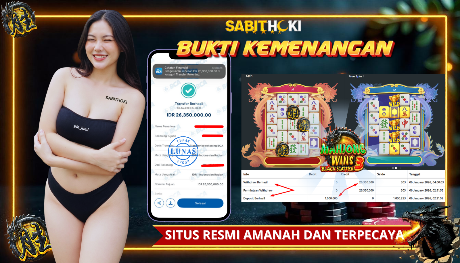 SELAMAT KEPADA MEMBER SETIA SABITHOKI YANG BERHASIL JACKPOT DI PERMAINAN MAHJONG WINS 3 BLACK SCATTER